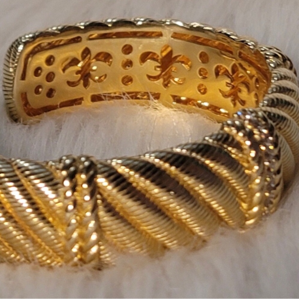 Judith Ripka 14 K Gold Clad Diamonique and Silver Textured Cuff Bracelet. - Picture 4 of 6